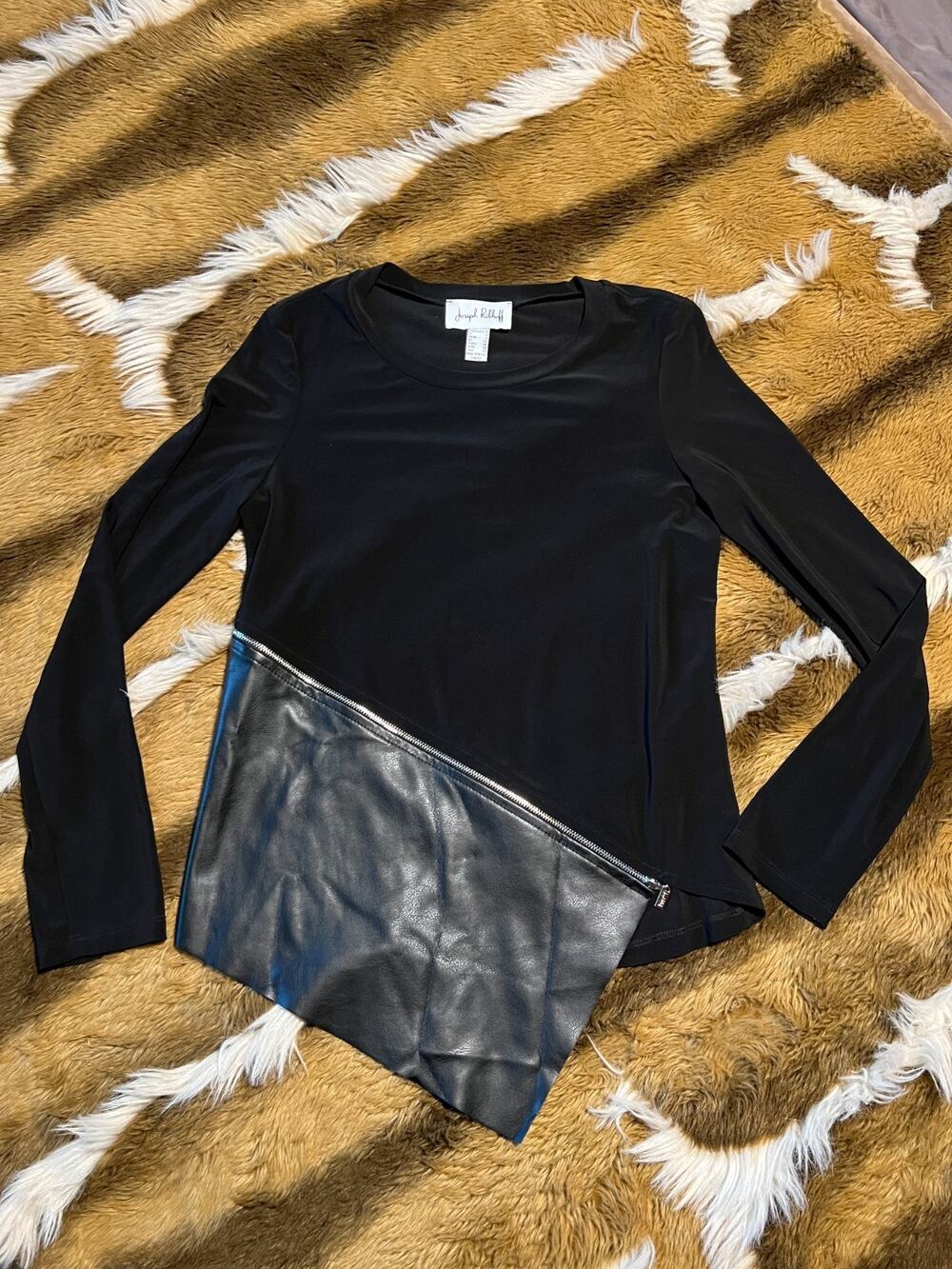 Joseph Ribkoff Black Long Sleeve Top Size 6 US Asymmetric Faux Leather Hem